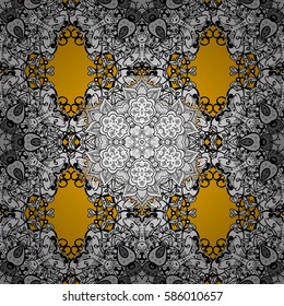 Christmas, snowflake, new year. Seamless vintage pattern on yellow background with white elements and with white doodles.
