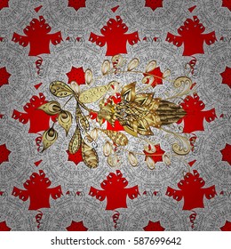 Christmas, snowflake, new year. Seamless vintage pattern on red background with golden elements and with white doodles.