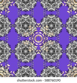 Christmas, snowflake, new year. Seamless vintage pattern on violet background with golden elements and with white doodles.