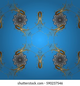 Christmas, snowflake, new year. Seamless vintage pattern on blue background with golden elements and with white doodles.