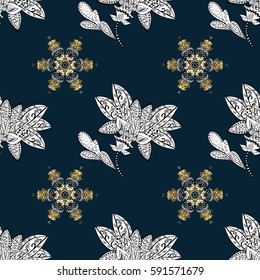Christmas, snowflake, new year. Seamless vintage pattern on blue background with golden elements and with white doodles.