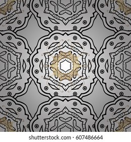 Christmas, snowflake, new year. Seamless vintage pattern on gray background with golden elements and with white doodles.