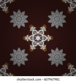 Christmas, snowflake, new year. Seamless vintage pattern on brown background with golden elements and with white doodles.