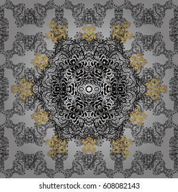 Christmas, snowflake, new year. Seamless vintage pattern on gray background with golden elements and with white doodles.