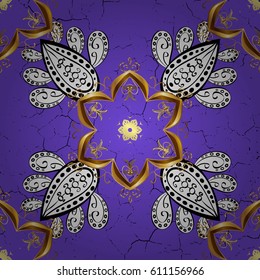 Christmas, snowflake, new year. Seamless vintage pattern on violet background with golden elements and with white doodles.