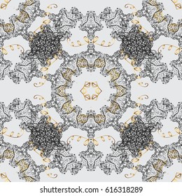 Christmas, snowflake, new year. Seamless vintage pattern on gray background with golden elements and with white doodles.