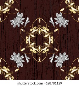 Christmas, snowflake, new year. Seamless vintage pattern on brown background with golden elements and with white doodles.