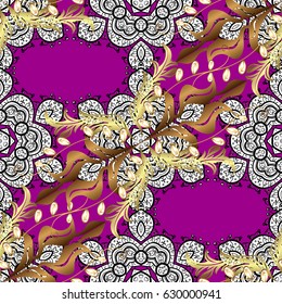 Christmas, snowflake, new year. Seamless vintage pattern on magenta background with golden elements and with white doodles.