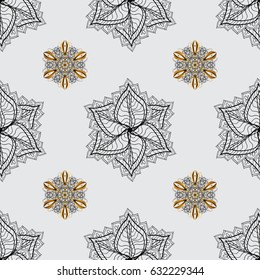 Christmas, snowflake, new year. Seamless vintage pattern on gray background with golden elements and with dim doodles.