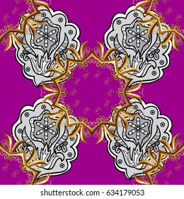 Christmas, snowflake, new year. Seamless vintage pattern on magenta background with golden elements and with white doodles.