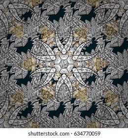Christmas, snowflake, new year. Seamless vintage pattern on blue background with golden elements and with white doodles.