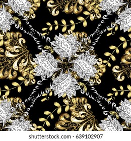 Christmas, snowflake, new year. Seamless vintage pattern on black background with golden elements and with white doodles.