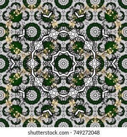 Christmas, snowflake, new year. Seamless vintage pattern on white, black and blue colors with golden elements and with white doodles.