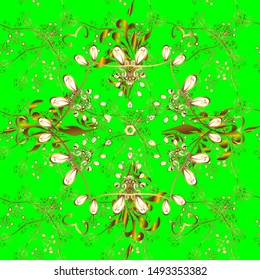Christmas, snowflake, new year. Vintage seamless pattern on a brown and green colors with golden elements.