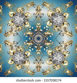 Christmas, snowflake, new year. Vintage pattern on gray and blue colors with golden elements.