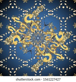 Christmas, snowflake, new year. Vintage pattern on blue and yellow colors with golden elements.