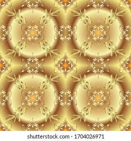 Christmas, snowflake, new year. Vintage pattern on beige and yellow colors with golden elements.
