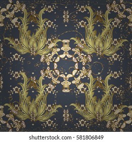 Christmas, snowflake, new year. Vintage pattern on gray background with golden elements.