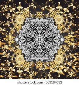 Christmas, snowflake, new year. Vintage pattern on blue background with golden elements and with white doodles.