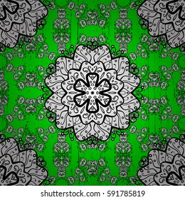 Christmas, snowflake, new year. Vintage pattern on green and white background with white elements.