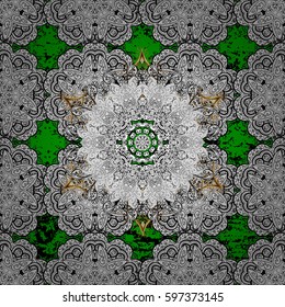 Christmas, snowflake, new year. Vintage pattern on green background with golden elements.