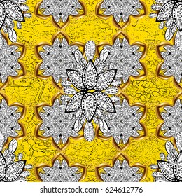 Christmas, snowflake, new year. Vintage pattern on yellow background with golden elements.