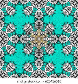 Christmas, snowflake, new year. Vintage pattern on blue background with golden elements.