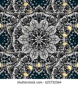 Christmas, snowflake, new year. Vintage pattern on blue background with golden elements.