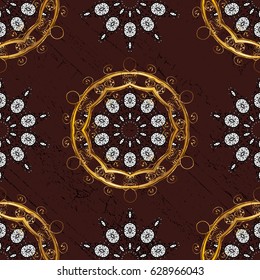 Christmas, snowflake, new year. Vintage pattern on brown background with golden elements.