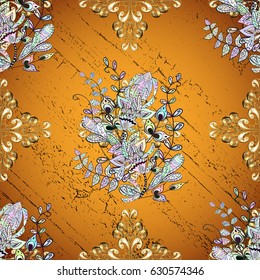 Christmas, snowflake, new year. Vintage pattern on yellow background with golden elements.