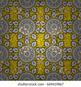 Christmas, snowflake, new year. Vintage pattern on yellow background with golden elements.