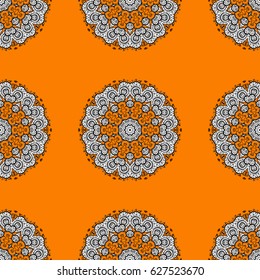 Christmas, snowflake, new year. White seamless pattern on orange background with white elements. Seamless vintage pattern on orange background with whiteen elements.