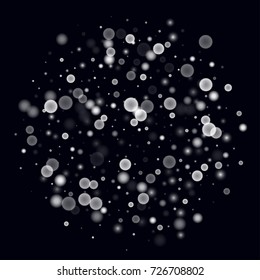 Christmas snowflake on black sky. Vector New Year snow abstract background. White gllitter confetti. Snowflakes decoration effect. Winter holiday print. Snowfall texture for poster, banner, card.