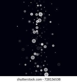 Christmas snowflake on black sky. Vector New Year snow abstract background. White gllitter confetti. Snowflakes decoration effect. Winter holiday print. Snowfall texture for poster, banner, card.