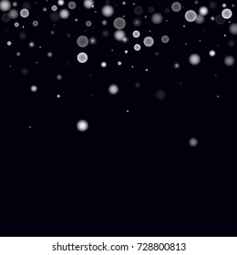 Christmas snowflake on black sky. Vector New Year snow abstract background. White gllitter confetti. Snowflakes decoration effect. Winter holiday print. Snowfall texture for poster, banner, card.