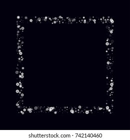 Christmas snowflake on black sky. Vector New Year snow abstract background. White gllitter confetti. Snowflakes decoration effect. Winter holiday print. Snowfall texture for poster, banner, card.