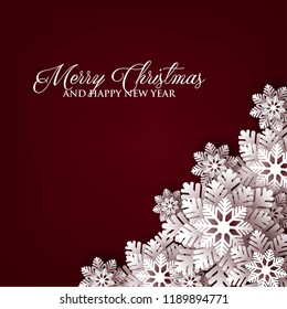 Christmas snowflake paper cut on dark red background 3d origami vector winter vector template