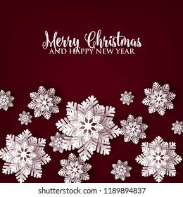 Christmas snowflake paper cut on dark red background 3d origami vector winter vector template