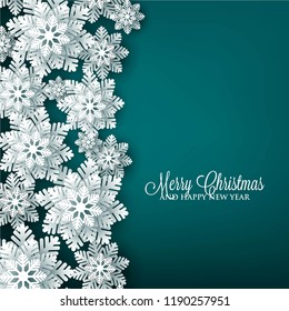 Christmas snowflake paper cut on dark emerald background 3d origami vector winter vector template