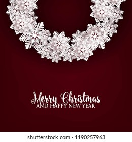 Christmas snowflake paper cut on dark red background 3d origami vector winter vector template
