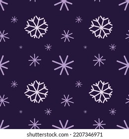 Patrón de copos de nieve de Navidad en fondo morado. Patrón de copos de nieve sin soldadura grande y pequeño para la impresión de papel de tela o envoltura.	