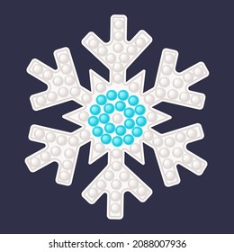 Christmas snowflake Popit trendy fidget toy - traditional in blue and white colors. New Year colorful pop it toy. Bubble sensory fashionable popit for kids. Vector illustration isolated.