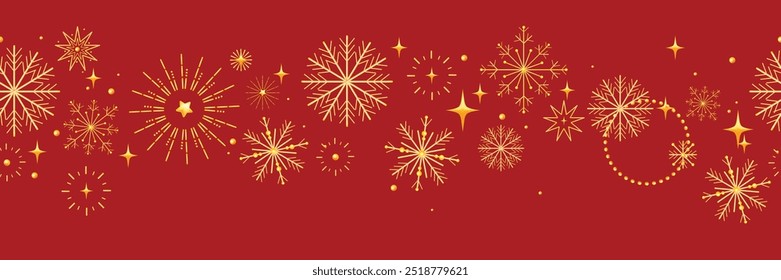 Christmas snowflake seamless banner, vector holiday star decoration red border happy New Year frame. Magic winter sparkle design frame celebration sky falling frost background. Christmas snowflake art