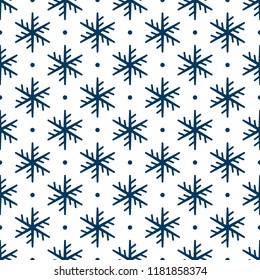 Christmas snowflake seamless pattern. Blue snow on white background. Wrapping texture. Holiday design for Christmas and New Year fashion prints. Vector icons of winter holidays, cold season snowfall.