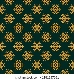 Christmas snowflake seamless pattern. Gold snow green background. Golden abstract wallpaper, wrapping texture. Holiday design for Christmas and New Year fashion prints. Vector illustration.