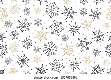 Christmas snowflake seamless pattern gold black on white background.