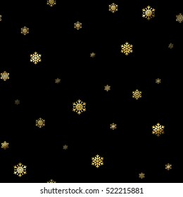 Christmas snowflake seamless pattern. Gold snow black background. Golden abstract wallpaper, wrapping texture. Symbol winter, Merry Xmas holiday, Happy New Year celebration. Vector illustration