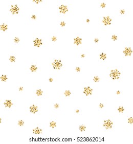 Christmas snowflake seamless pattern. Gold snow white background. Golden abstract shine wallpaper, wrapping texture. Symbol Merry Xmas holiday, Happy New Year celebration. Vector illustration