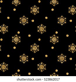 Christmas snowflake seamless pattern. Gold snow black background. Golden abstract shine wallpaper, wrapping texture. Symbol Merry Xmas holiday, Happy New Year celebration. Vector illustration