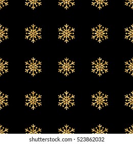 Christmas snowflake seamless pattern. Gold snow black background. Golden abstract shine wallpaper, wrapping texture. Symbol Merry Xmas holiday, Happy New Year celebration. Vector illustration